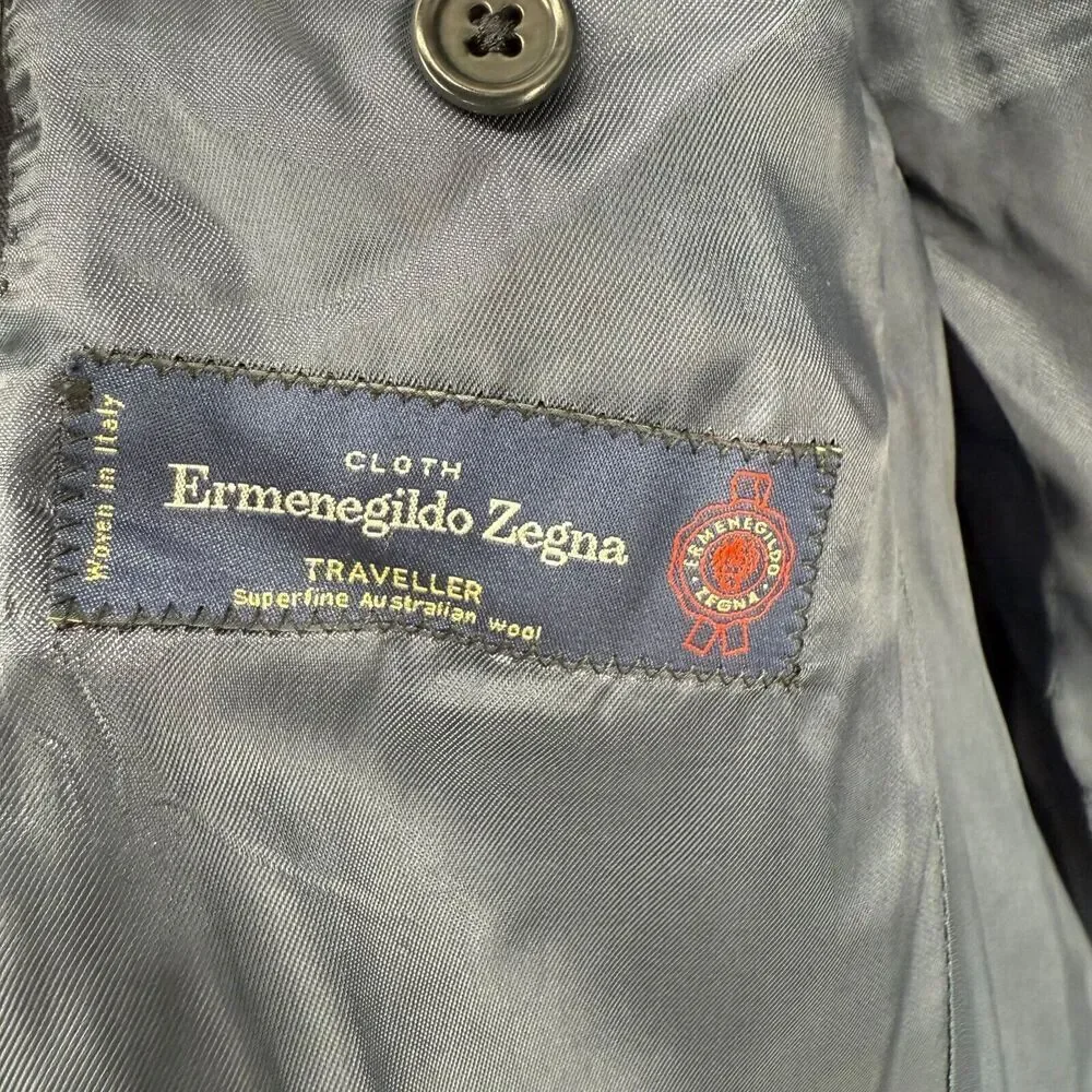 Ermenegildo Zenga Sport Coat Size 40 Slim Fit Navy Blue Plaid Traveller 5362